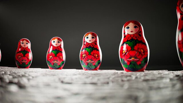 Matryoshka dolls placed in a circle. A camera follows one babushka after another