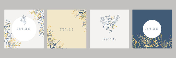 Set of floral universal artistic templates with blue gold pastel color. Good for greeting cards, invitations, flyers and other graphic design. Square floral greeting card