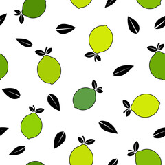 Green lemon cartoon illustration, and black leaves, black outline, seamless pattern.