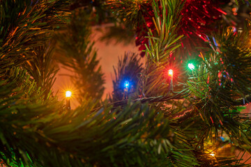 Luces decorativas de diferentes colores en un árbol de Navidad.