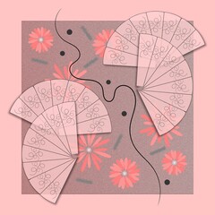 Abstract composition of four pale pink folding fans, pink flowers and embellishments on a pale pink and gray background