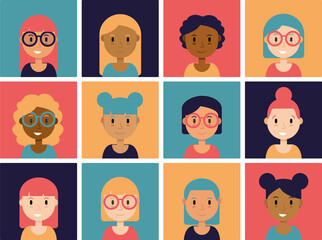 Flat style hand drawn illustration concept diverse set of avatars different skin colors, hair styles cute cartoon users. Set of square icons bright portrait colorful
