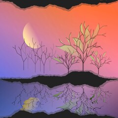 Abstract landscape of black trees with gradient foliage, half moon, black shoreline and reflection, with a blue-pink gradient sky
