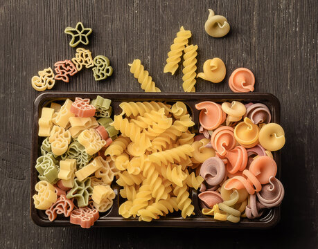 Pasta and noodles of different types and colors lie in a box on a wooden table.
