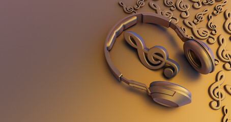 3d render of golden musical notes with headphone in the middle, Concept music