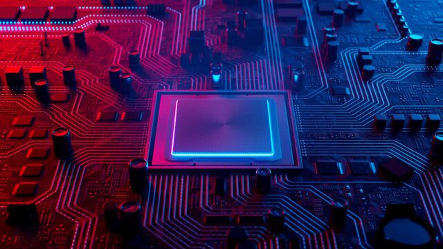 Data flow in a motherboard in pc. Processor among circuits and electronics. CPU