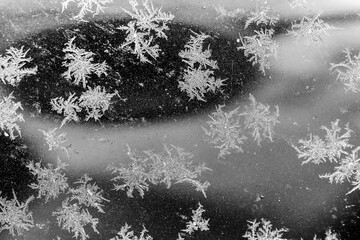 close-up view of frosted snow on the window