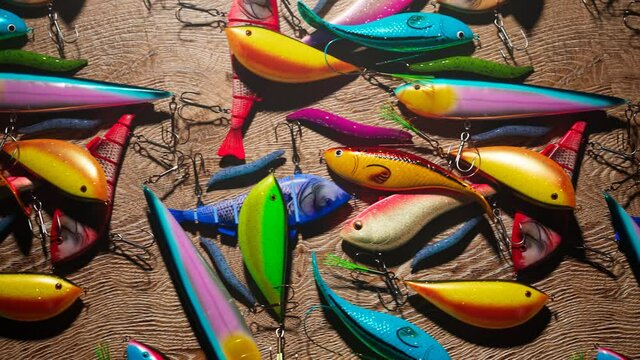 Assorted colourful fish bites. Set of wobblers. Lures and fish-hooks for angling