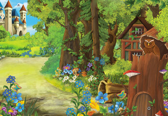 cartoon scene with owl with wooden farm house in forest illustration