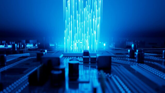 Data flow in a motherboard in pc. Processor among circuits and electronics. CPU