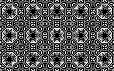 Ethnic geometric background in Mexican, Native American, African style with stars. Abstract black white template. Vector graphics for wallpapers, coloring books, business cards, textiles.