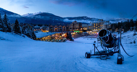 View of Whistler Village and ski runs at dusk.