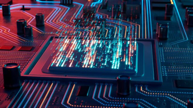 Data flow in a motherboard in pc. Processor among circuits and electronics. CPU