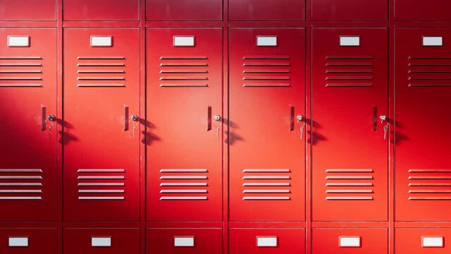 Lockers for students at school or university. Red lockers at hallway or gym.
