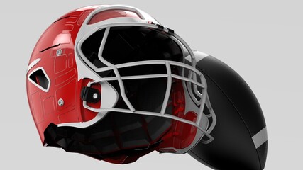 American football helmet and ball. 3D illustration. 3D high quality rendering.