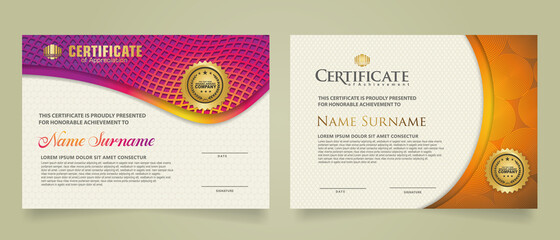 set elegant and futuristic certificate template with lines circle pattern and wave checkered lines pattern ornament. Diploma. Vector illustration