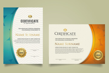 set elegant and futuristic certificate template with lines circle pattern and wave checkered lines pattern ornament. Diploma. Vector illustration