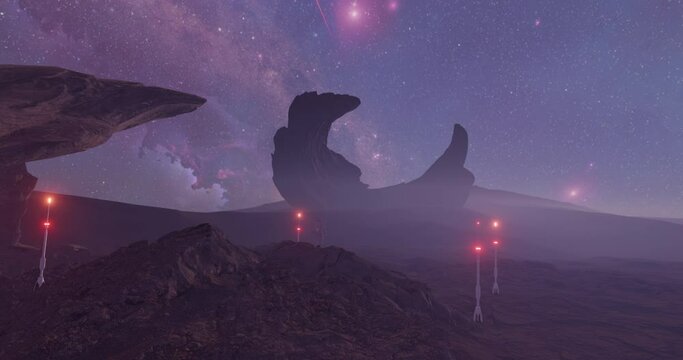 Sci-fi space alien planet environment, a spaceman standing on rocky surface of Martian desert, waiting a special space shipt resque space-module, watching beautiful stars on the sky with Milky-way gal