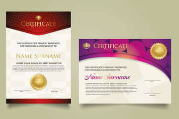 set elegant and futuristic certificate template with lines circle pattern and wave checkered lines pattern ornament. Diploma. Vector illustration