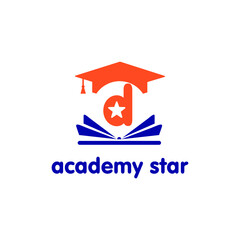 Education and academy letter d logo concept with opened book, star, and graduation cap. Course and training logo style vector template