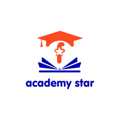 Education and academy letter f logo concept with opened book, star, and graduation cap. Course and training logo style vector template
