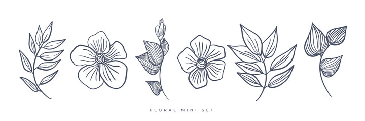 Black rose logo collection with hand drawn leaves. Vector illustration for icon, logo, sticker, printable and tattoo. Wedding Invitation, floral invite thank you, rsvp modern card Design