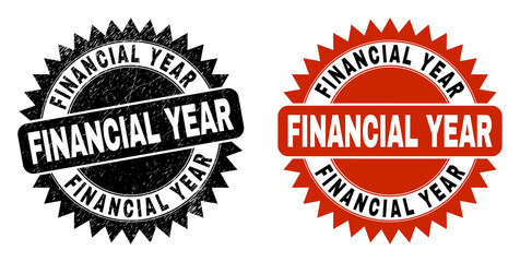 Black rosette FINANCIAL YEAR watermark. Flat vector scratched watermark with FINANCIAL YEAR phrase inside sharp rosette, and original clean version. Rubber imitation with unclean texture.