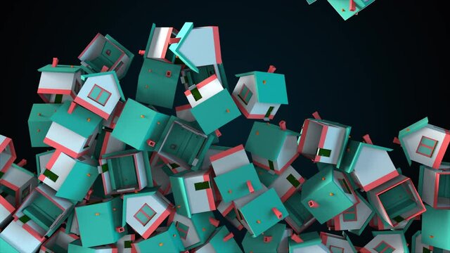 Many falling houses, computer generated. Oversupply in the real estate market. 3d rendering of comercial backdrop.