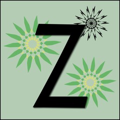Black letter "Z" with green, yellow and black geometric stars, on a light green background