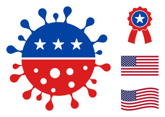 Coronavirus icon in blue and red colors with stars. Coronavirus illustration style uses American official colors of Democratic and Republican political parties, and star shapes.