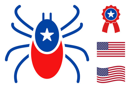 Mite icon in blue and red colors with stars. Mite illustration style uses American official colors of Democratic and Republican political parties, and star shapes. Simple mite vector sign,