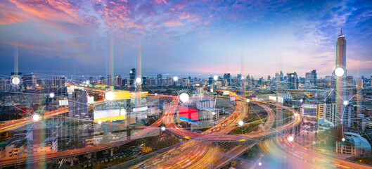 Smart city wireless communication network gradient line, Big data connection technology and communication network concept.