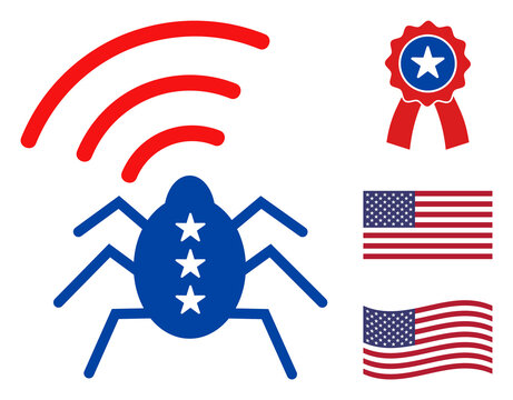 Radio bug icon in blue and red colors with stars. Radio bug illustration style uses American official colors of Democratic and Republican political parties, and star shapes.