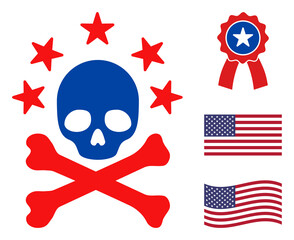 Death bones icon in blue and red colors with stars. Death bones illustration style uses American official colors of Democratic and Republican political parties, and star shapes.