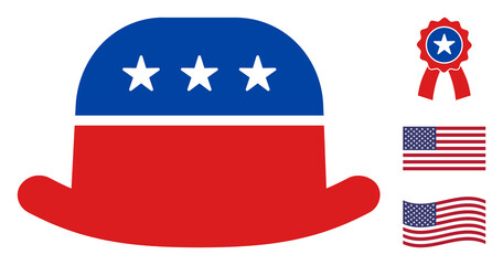 Gentleman hat icon in blue and red colors with stars. Gentleman hat illustration style uses American official colors of Democratic and Republican political parties, and star shapes.