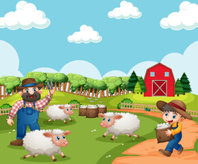 Obraz na płótnie Canvas Farm with red barn and windmill scene