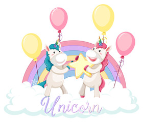 Cute unicorn standing on the cloud with pastel rainbow isolated on white background