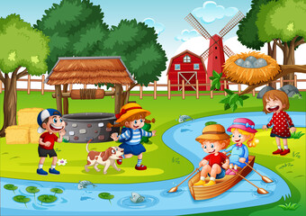 Obraz na płótnie Canvas Children row the boat in the stream farm scene
