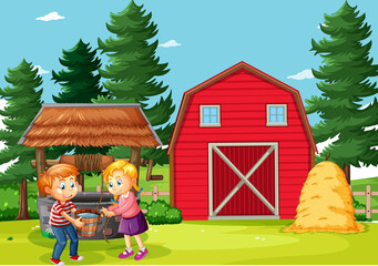 Obraz na płótnie Canvas Happy family in farm scene in cartoon style