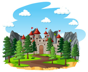 Fairytale scene with castle or tower in the forest