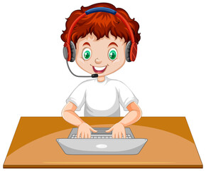 A boy with laptop on the table on white background