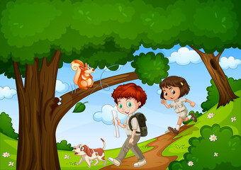 Boy and girl enjoy in the park with cute animal scene