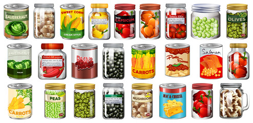 Set of different canned food and food in jars isolated