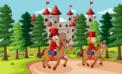 Obraz na płótnie Canvas Fairytale scene with castle and soldier royal guard scene