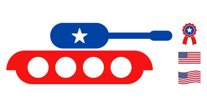 Military tank icon in blue and red colors with stars. Military tank illustration style uses American official colors of Democratic and Republican political parties, and star shapes.