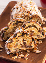 A Traditional Stollen with Fruit and Almond Paste topped with Almonds