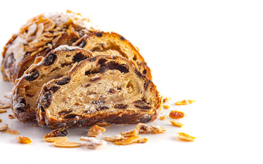 A Traditional Stollen with Fruit and Almond Paste topped with Almonds