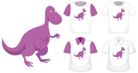 Dinosaur cartoon character logo on different white shirt with purple short sleeves isolated on white background