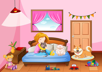 Bedroom of girl in pink color theme with a girl and pet animal