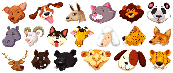 Set of different cartoon animal heads isolated
